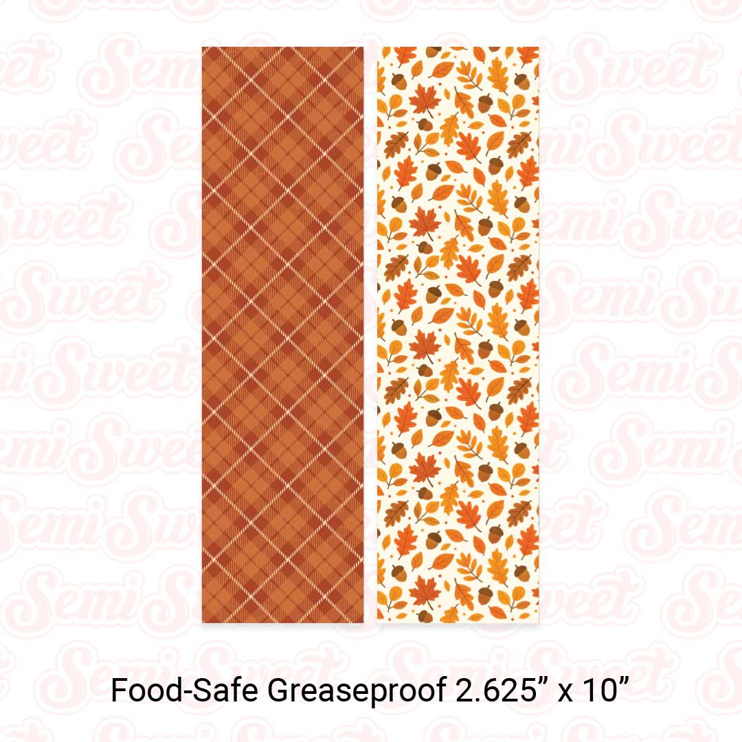 Orange Plaid & Fall Leaves Acorns - Food-Safe Greaseproof Cookie Card Backers - 2.625" x 10"