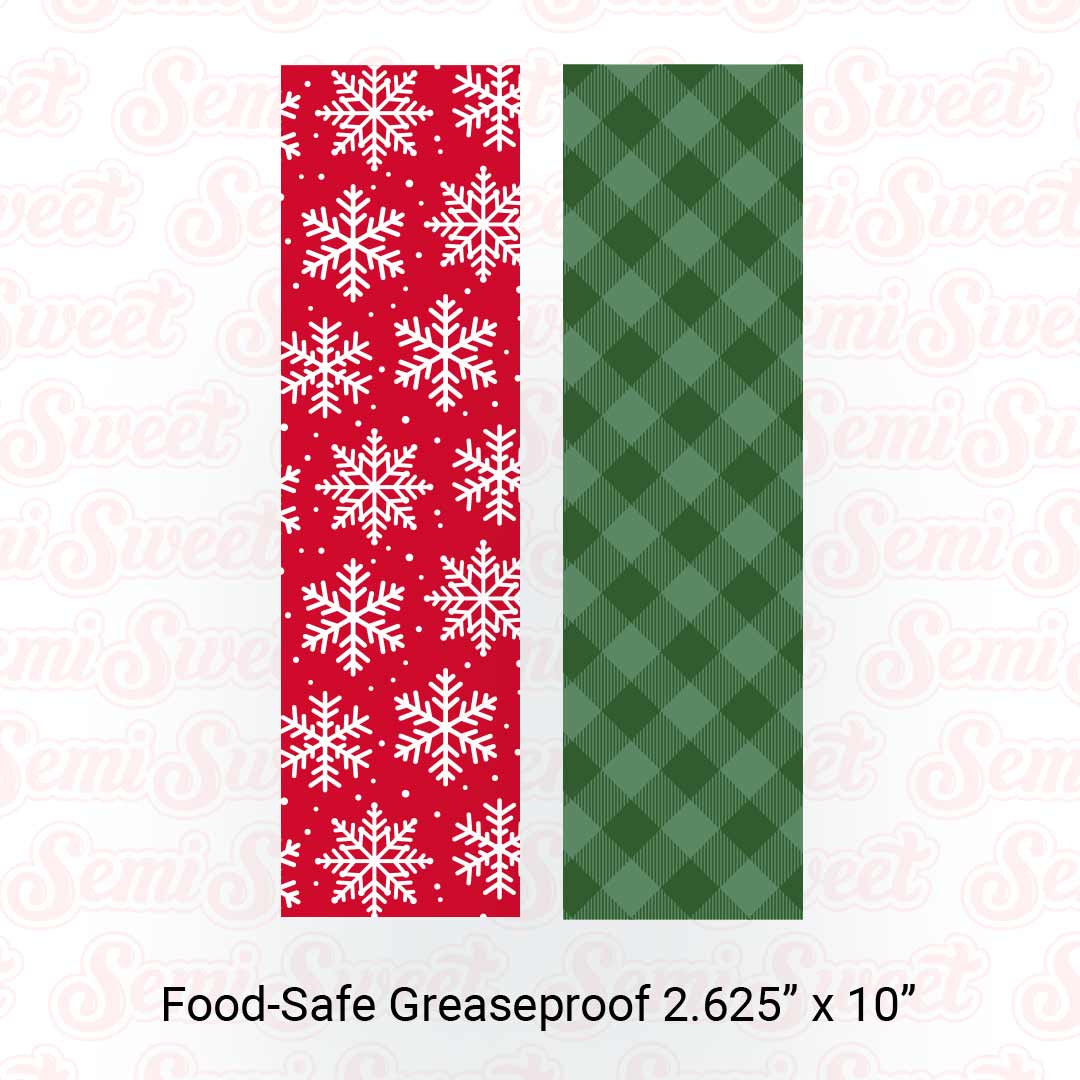 Red Snowflakes & Green Gingham - Food-Safe Greaseproof Cookie Card Backers - 2.625" x 10"