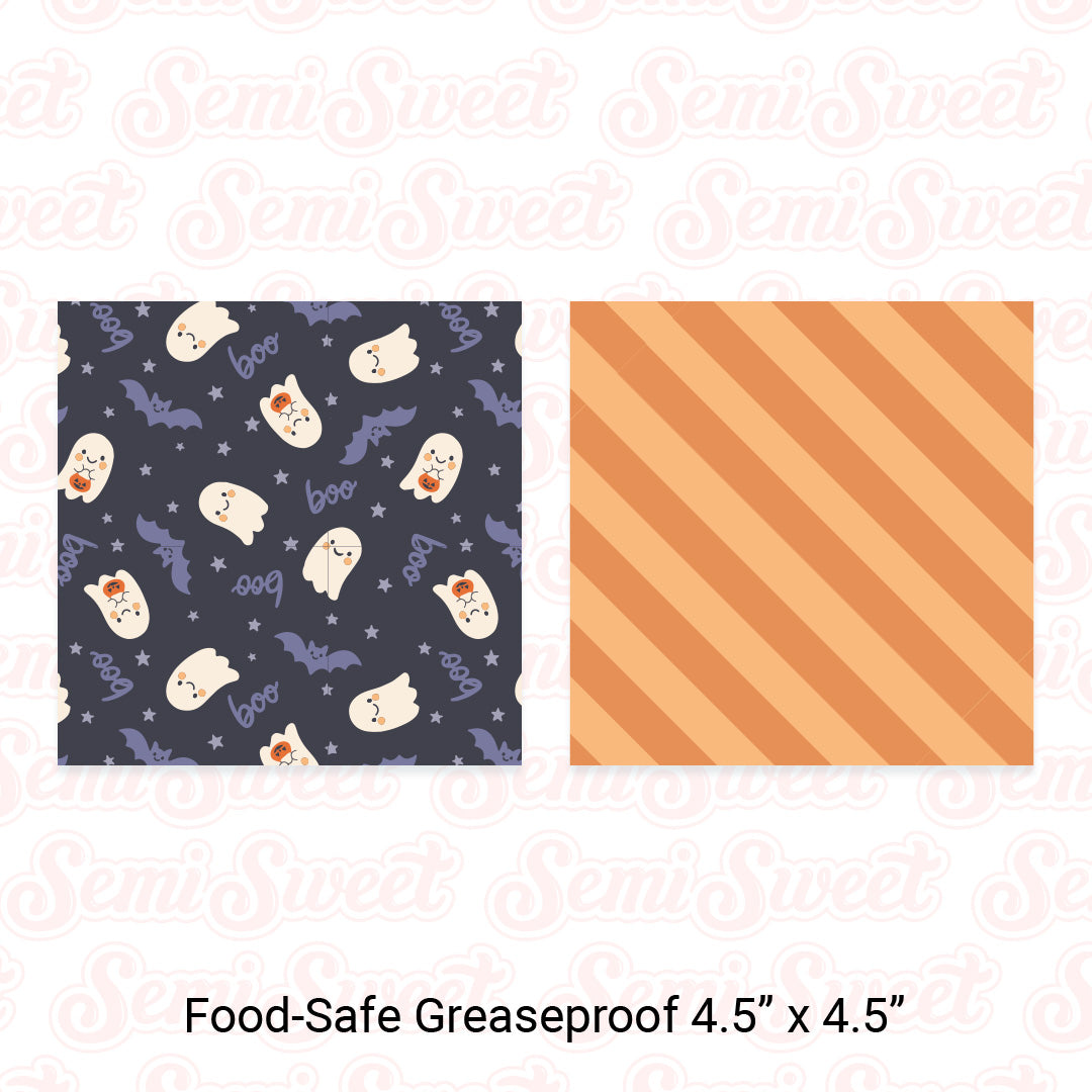 Boo Bat Ghosts & Stripes - Food-Safe Greaseproof Cookie Card Backers - 4.5" x 4.5"