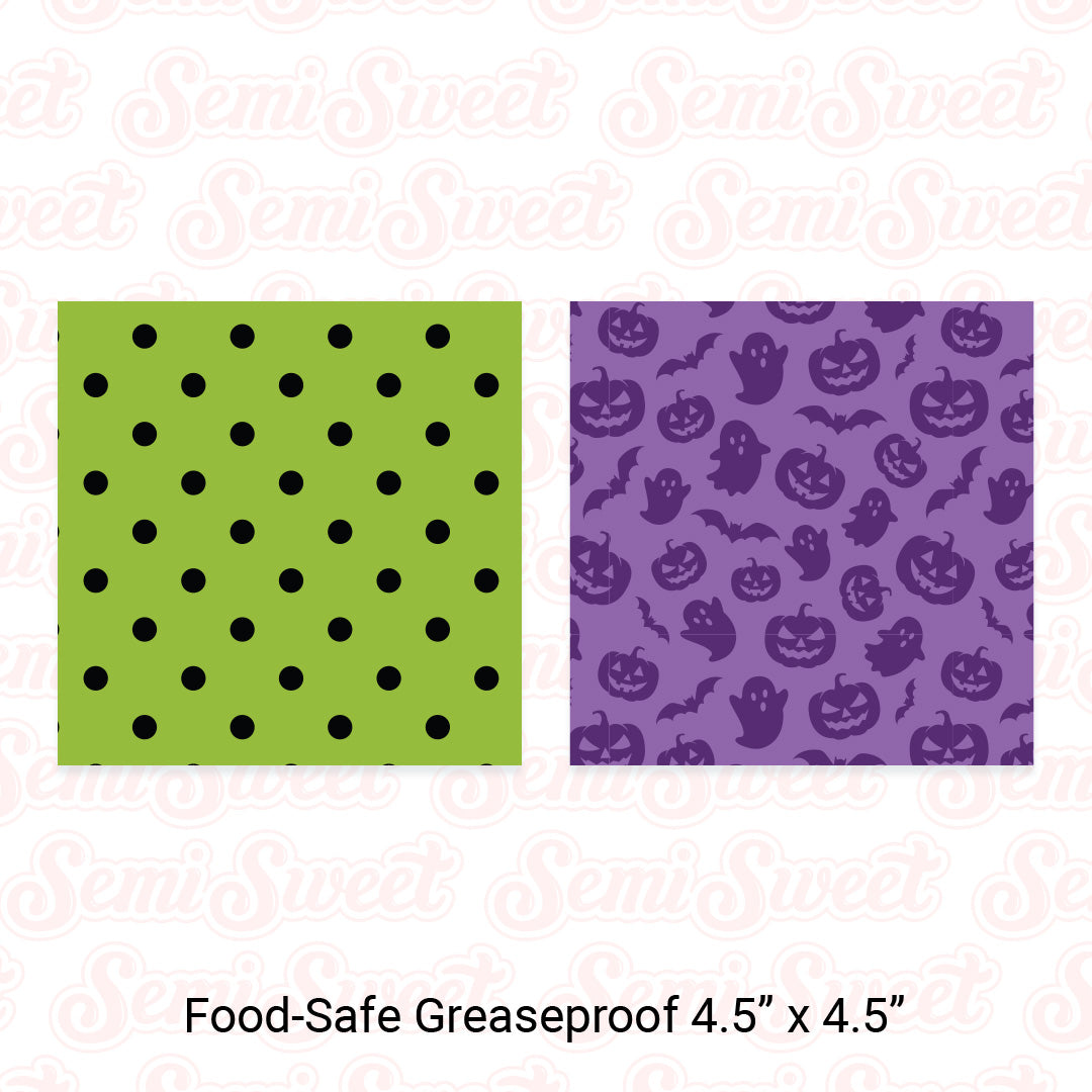 Purple Halloween & Green Dots - Food-Safe Greaseproof Cookie Card Backers - 4.5" x 4.5"