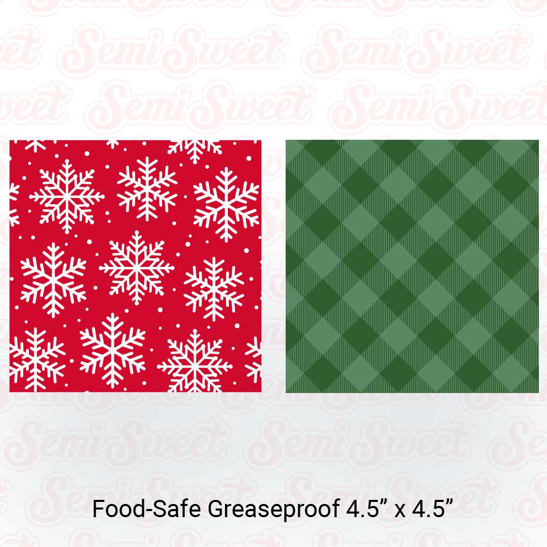Red Snowflakes & Green Gingham - Food-Safe Greaseproof Cookie Card Backers - 4.5" x 4.5"