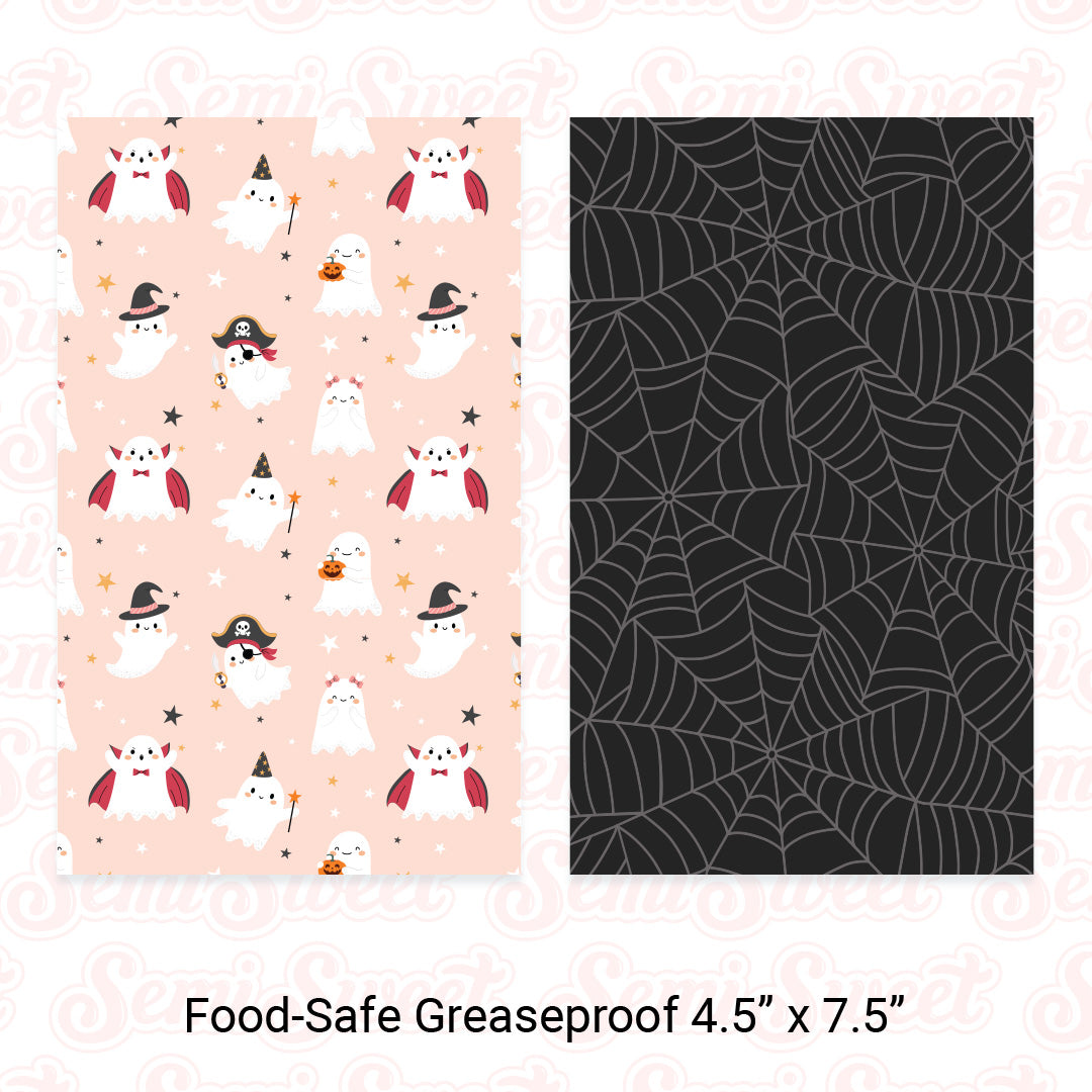 Costume Ghosts & Spiderwebs - Food-Safe Greaseproof Cookie Card Backers - 4.5" x 7.5"