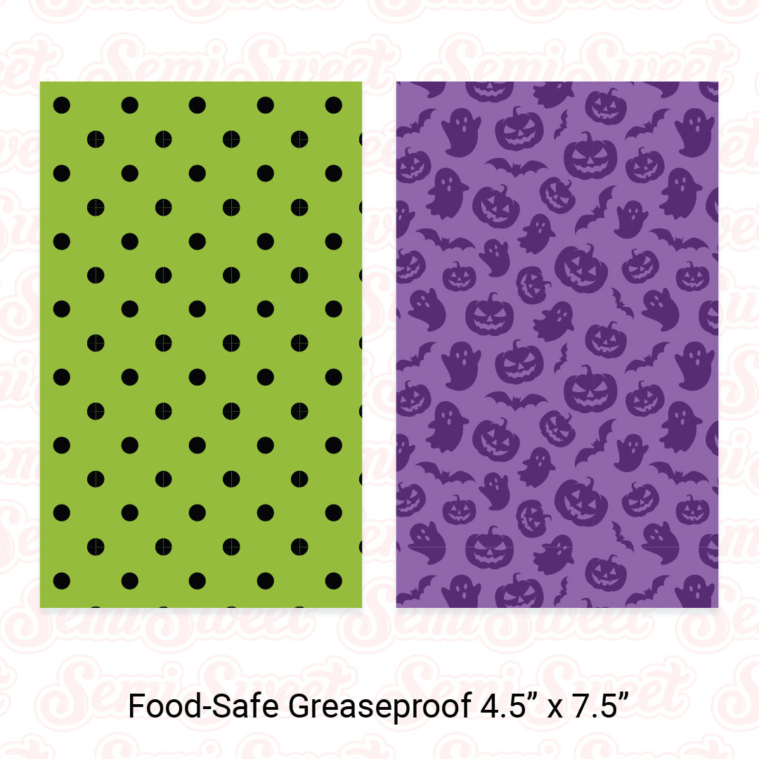 Purple Halloween & Green Dots - Food-Safe Greaseproof Cookie Card Backers - 4.5" x 7.5"