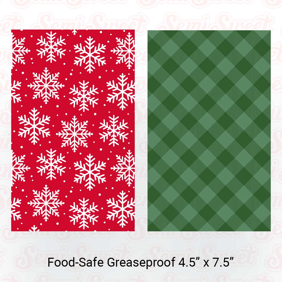 Red Snowflakes & Green Gingham - Food-Safe Greaseproof Cookie Card Backers - 4.5" x 7.5"