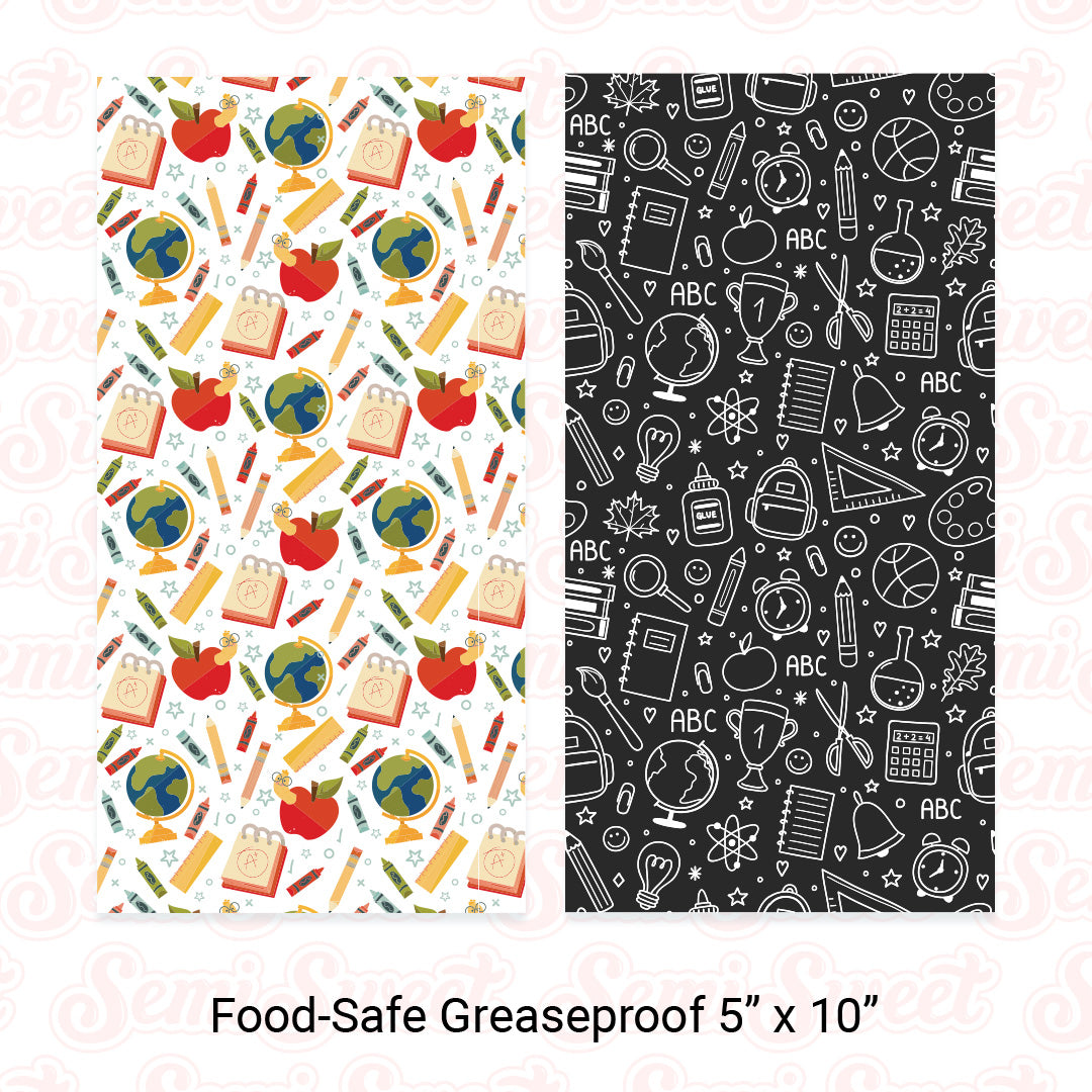 Card of greaseproof packaging card stock with school-themed designs.