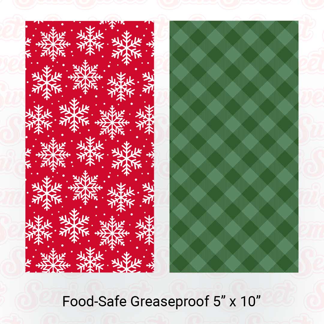 Red Snowflakes & Green Gingham - Food-Safe Greaseproof Cookie Card Backers - 5" x 10"