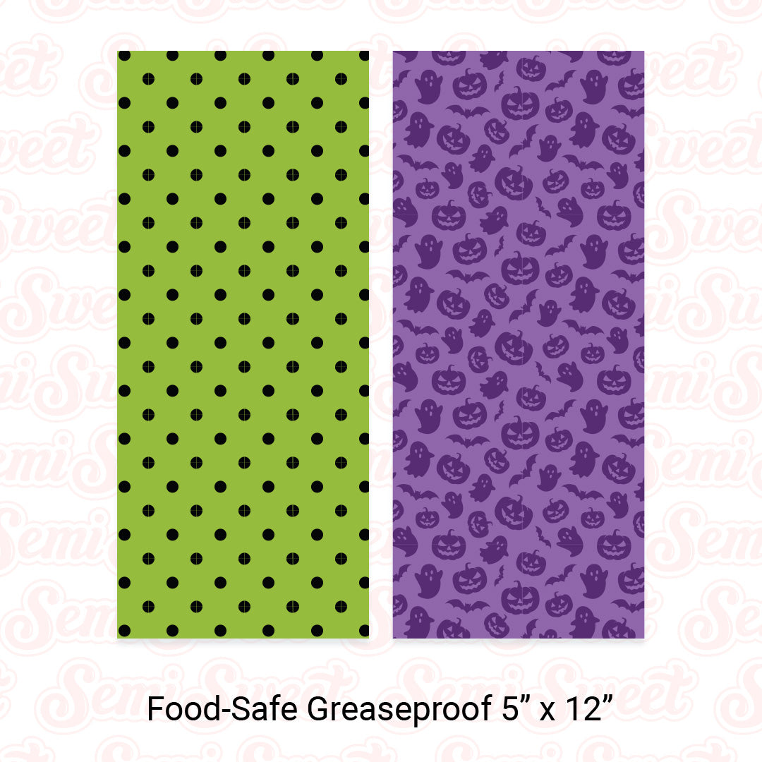 Purple Halloween & Green Dots - Food-Safe Greaseproof Cookie Card Backers - 5" x 12"