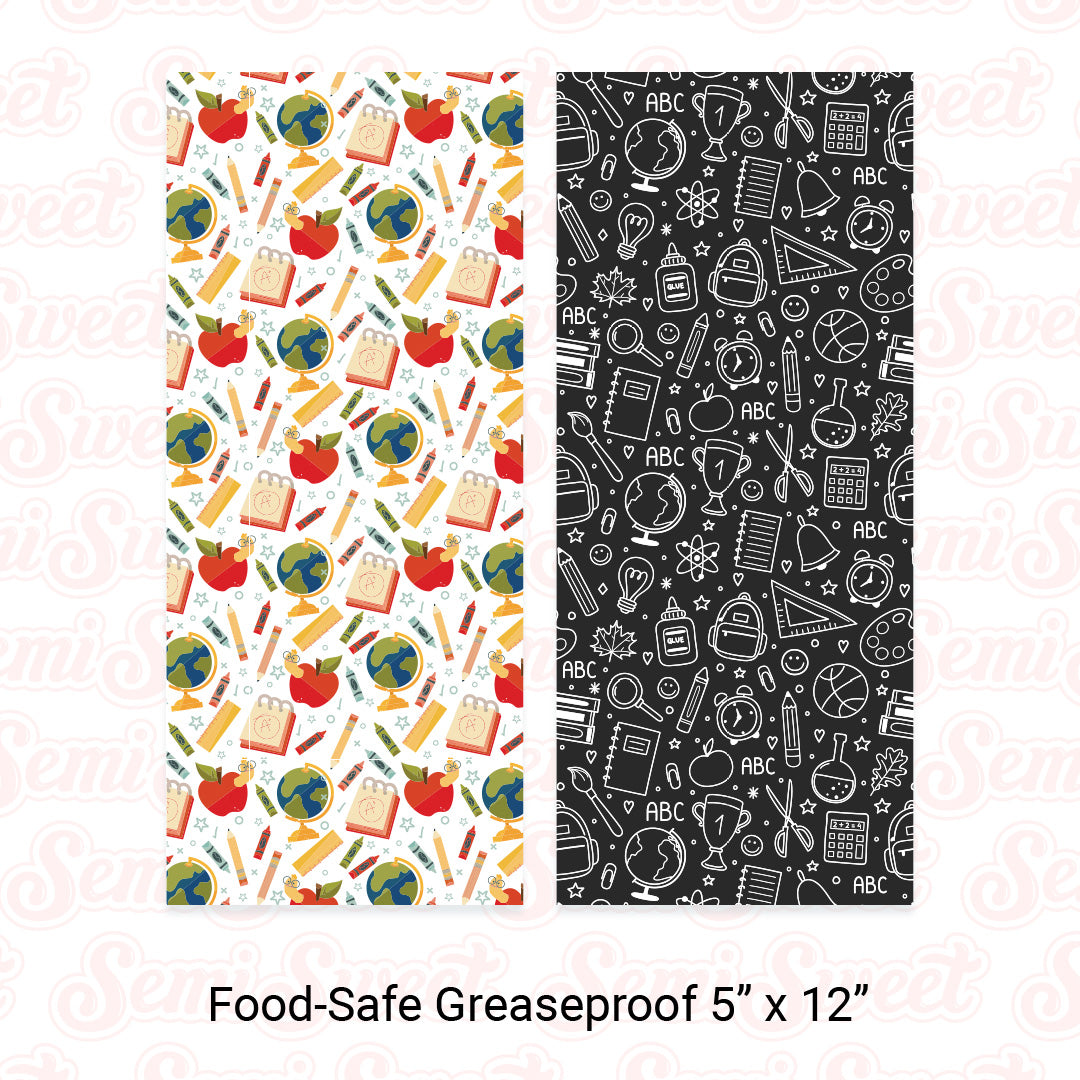card of greaseproof paper with school-themed designs on a white background.