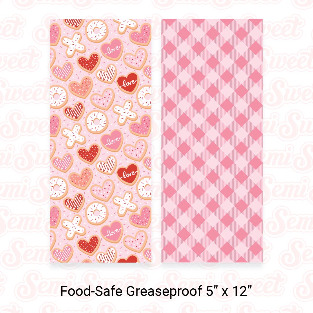 Valentine Cookies & Pink Gingham - Food-Safe Greaseproof Cookie Card Backers - 5" x 12"