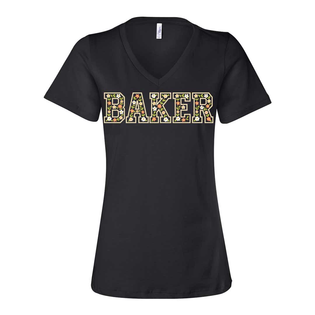 Floral Baker Ladies V-Neck T-Shirt
