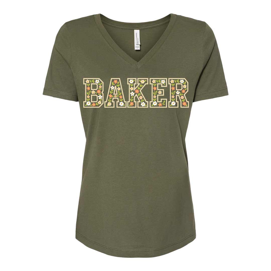 Floral Baker Ladies V-Neck T-Shirt
