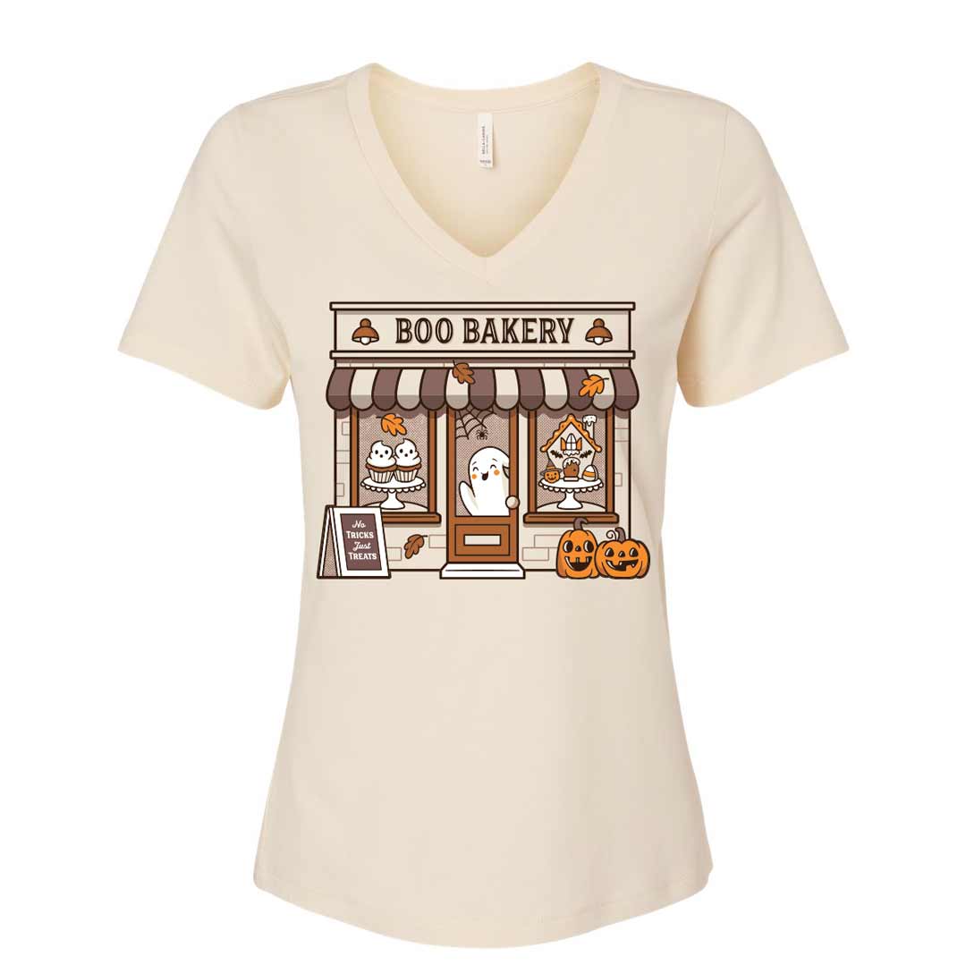 Boo Bakery Storefront Ladies V-Neck T-Shirt