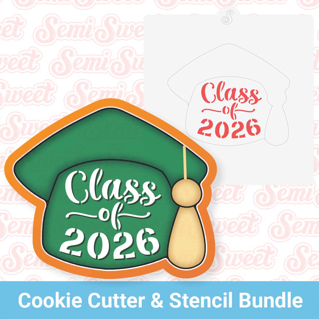 Graduation-themed cookie cutter and stencil bundle with 'Class of 2026' made by Semi Sweet Designs