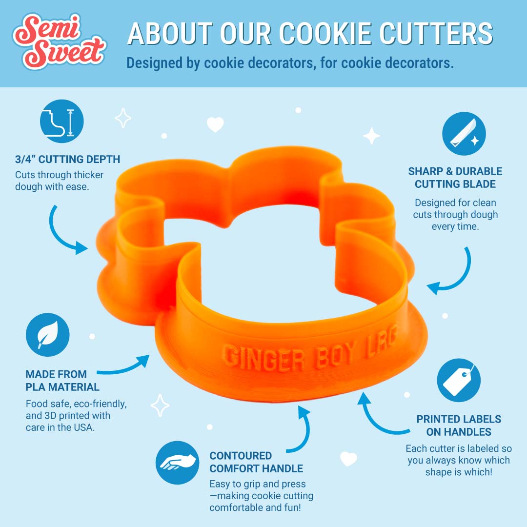 An orange ginger boy shaped cookie cutter displayed on a light blue infographic background with descriptive text and icons about its features.