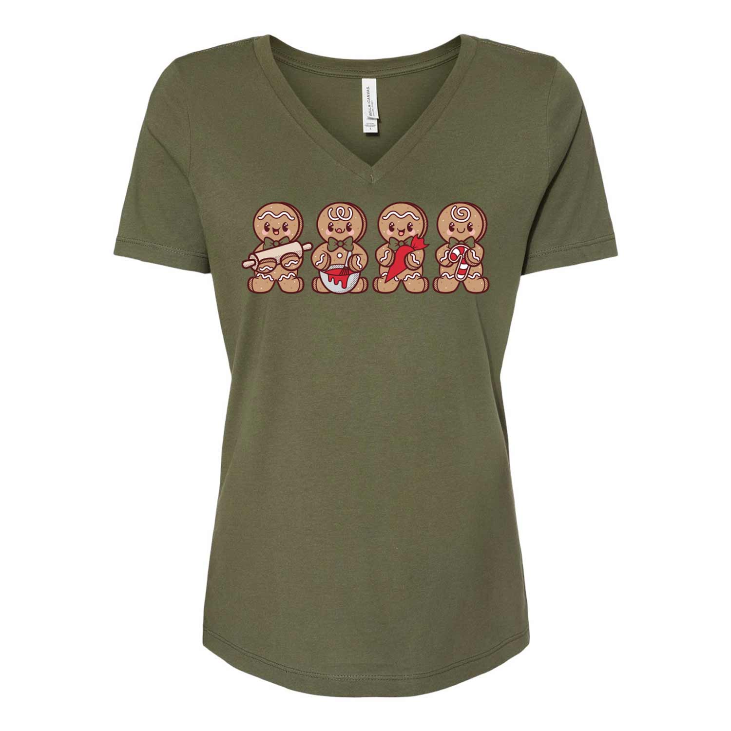Cookie-Decorating Gingerbread Men Ladies V-Neck T-Shirt