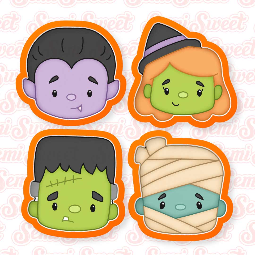 Four cartoon Halloween character face stickers or decals arranged in a 2x2 grid on a white background with a faint pink watermark. The characters include a vampire with purple skin and black hair, a witch with orange hair, a Frankenstein's monster with green skin and black hair, and a blue-faced bandaged mummy.