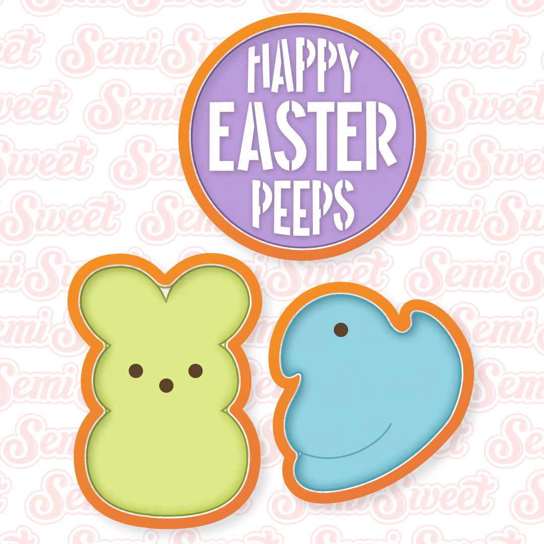 Two Peeps marshmallow cookie cutter designs with a 'Happy Easter Peeps' made by Semi Sweet Designs