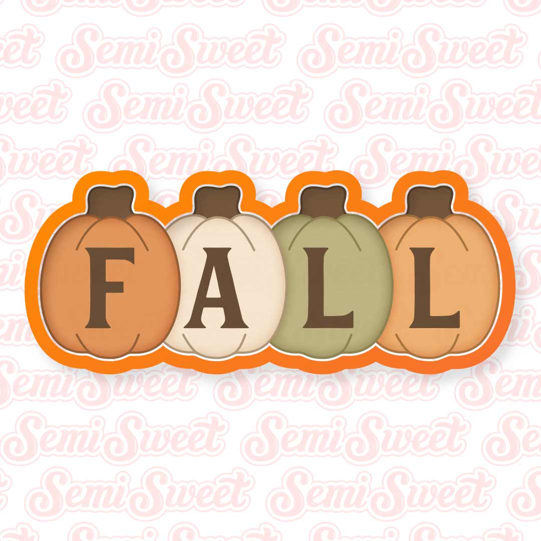 a row of pumpkins cookie cutter that spells out the word FALL.