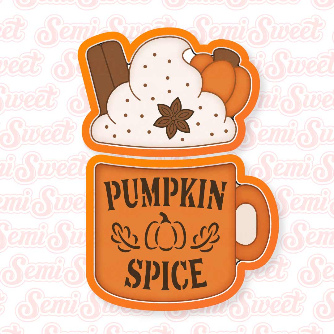 A cookie cutter set featuring an orange mug with the words “PUMPKIN SPICE” in black, topped with whipped cream, a cinnamon stick, star anise, and a small pumpkin.