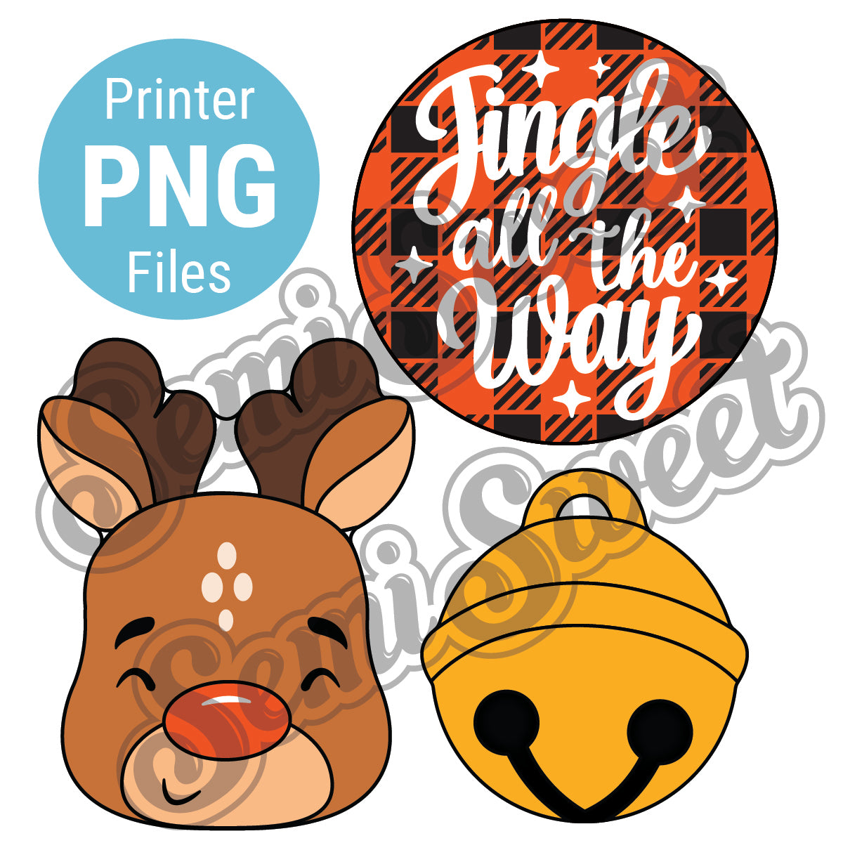 A sleigh bell, a reindeer, and a center circle design PNG made by Semi Sweet Designs