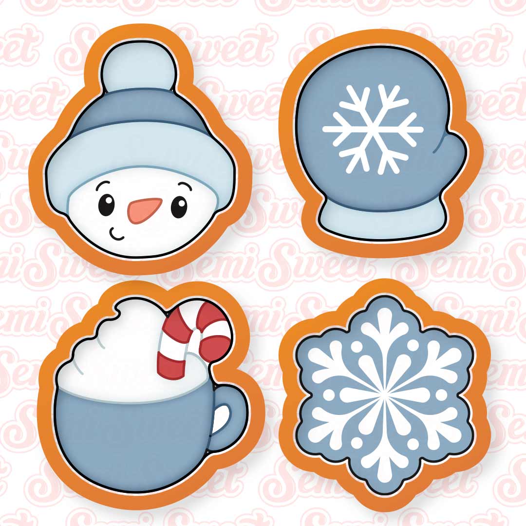 Set of four winter-themed cookie cutters on a white background with 'semi-sweet' branding.