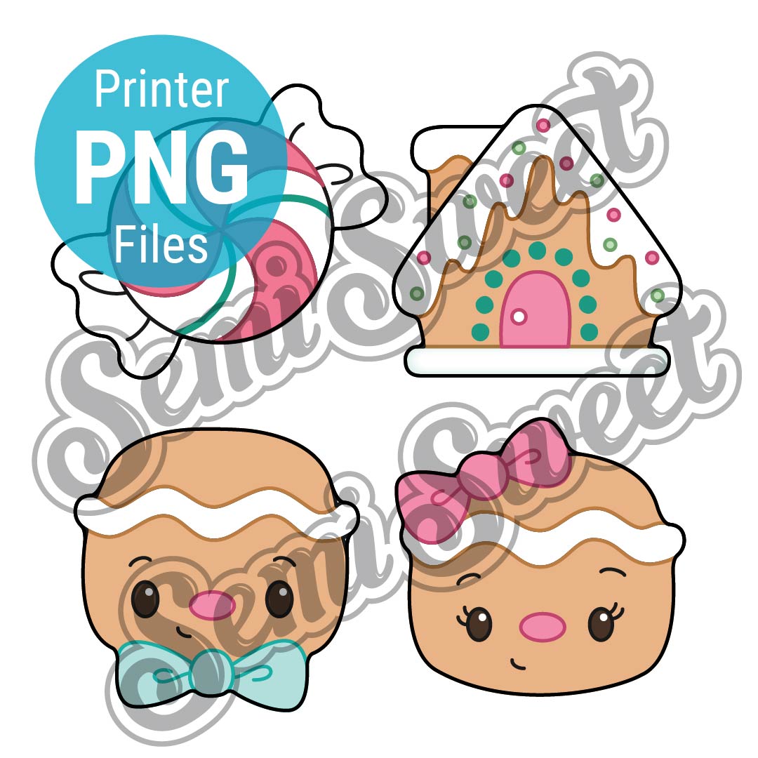 Cute gingerbread boy, gingerbread girl, and a gingerbread house with 'Printer PNG Files' text made by Semi Sweet Designs.