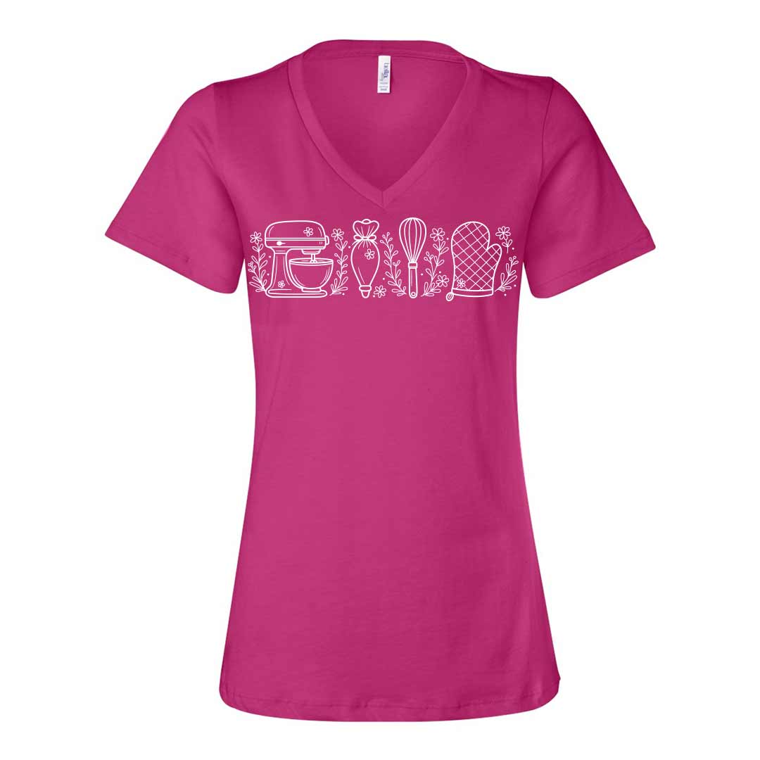Wild Flower Baking Essentials Ladies V-Neck T-Shirt
