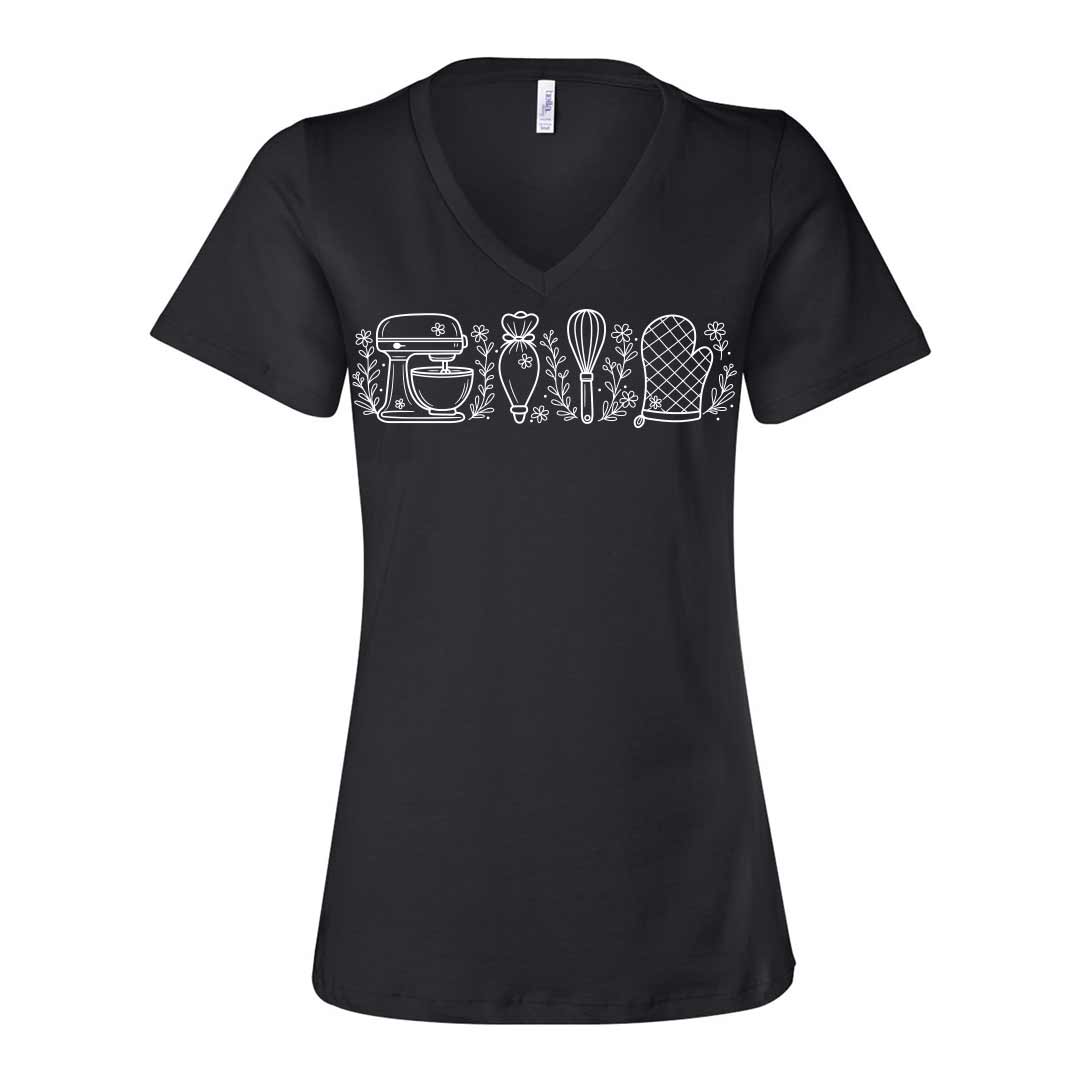 Wild Flower Baking Essentials Ladies V-Neck T-Shirt