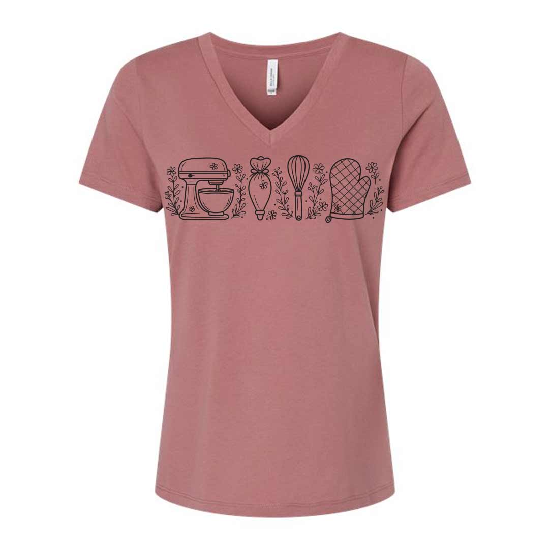 Wild Flower Baking Essentials Ladies V-Neck T-Shirt