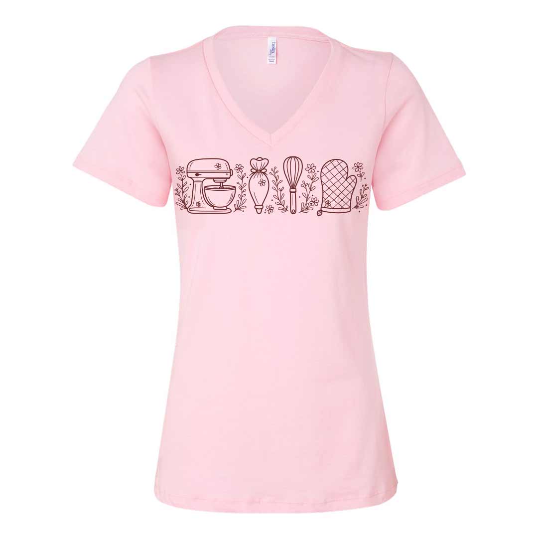 Wild Flower Baking Essentials Ladies V-Neck T-Shirt
