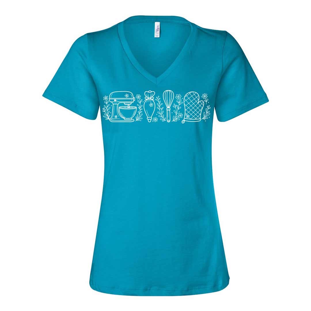 Wild Flower Baking Essentials Ladies V-Neck T-Shirt