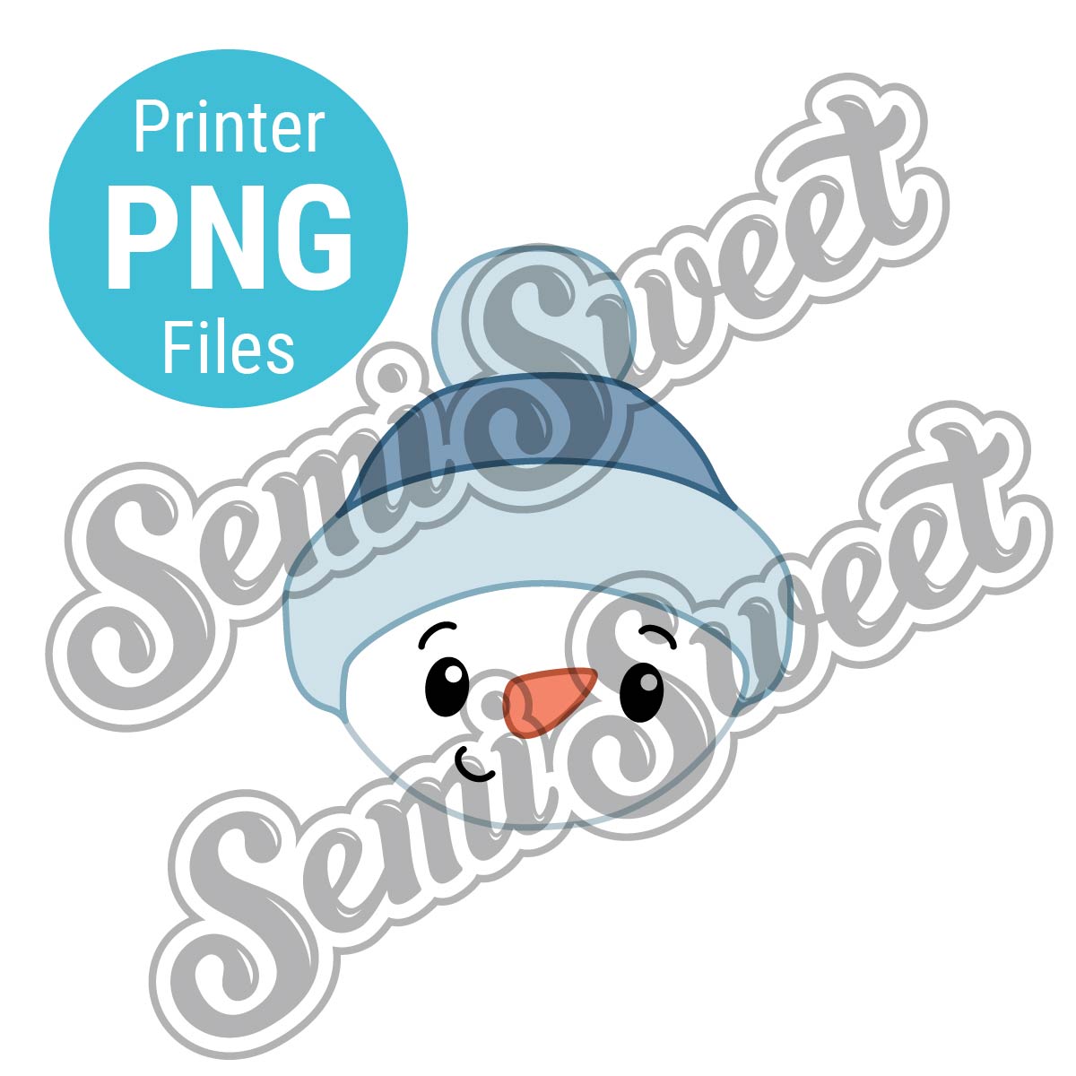 Snowman face with blue hat and orange nose PNG image made by Semi Sweet Designs.