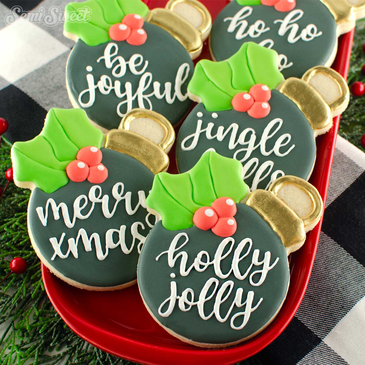 Christmas Holly Ornament Cookies | Semi Sweet Designs