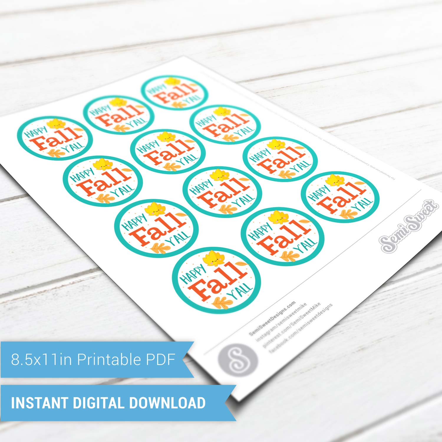 Happy Fall Y'all - Instant Download Printable 2" Circle Tag