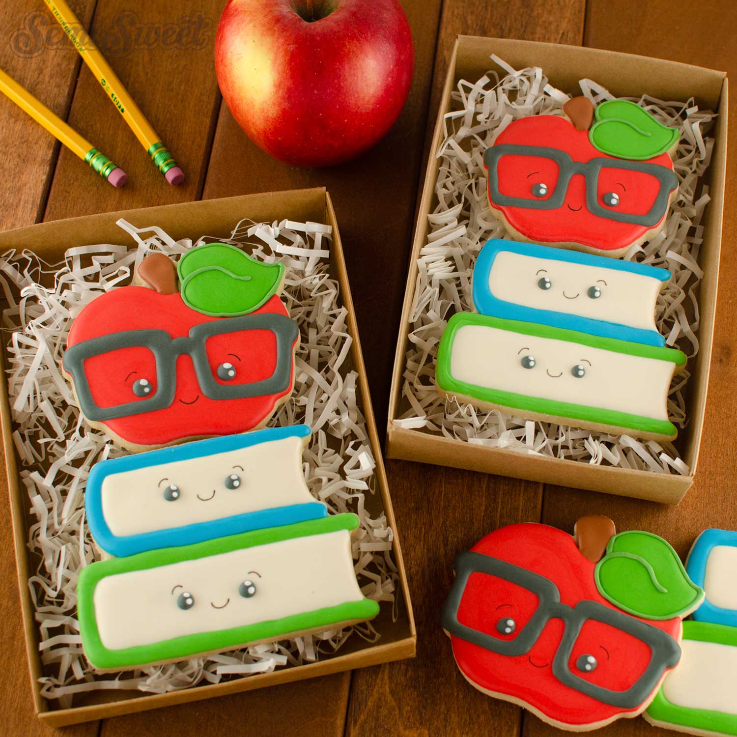 nerdy apple and books cookies | Semi Sweet Designs