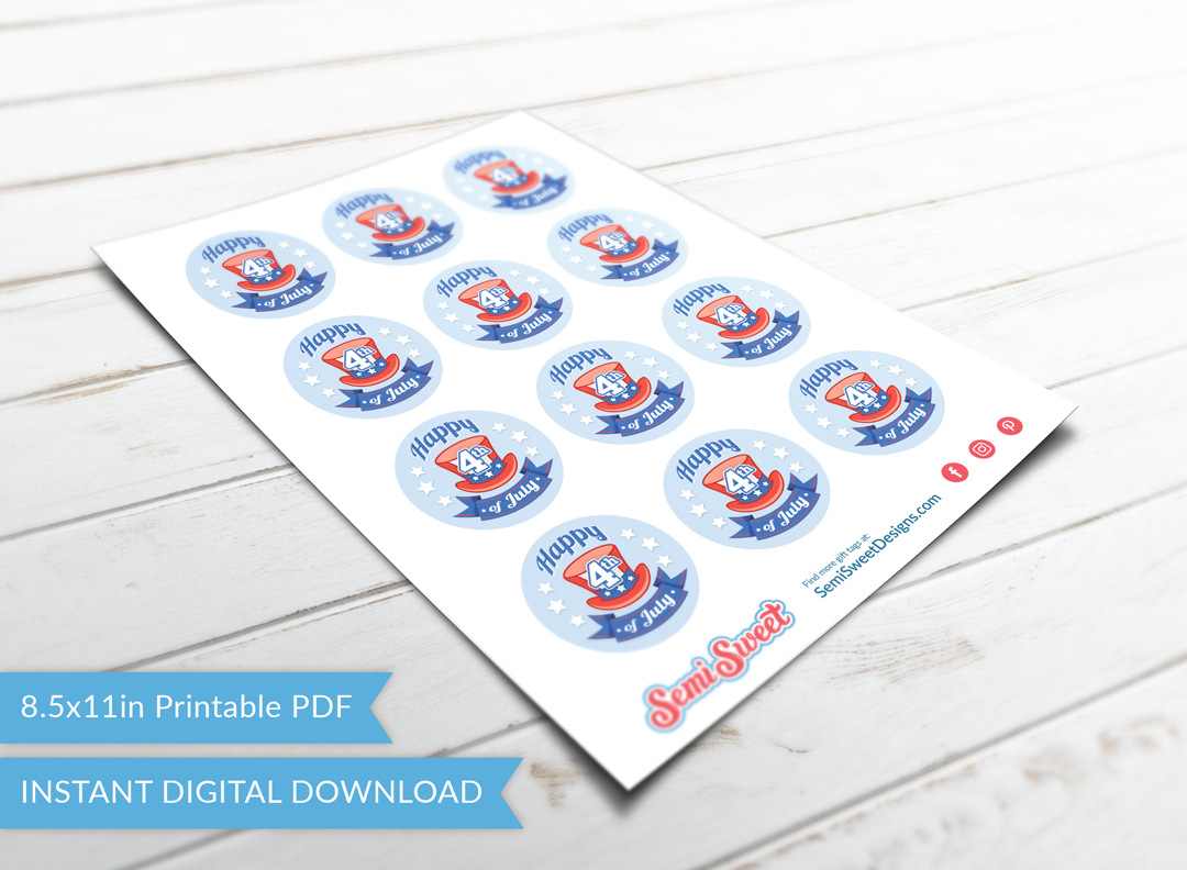 Happy 4th Top Hat - Instant Download Printable 2" Circle Tag