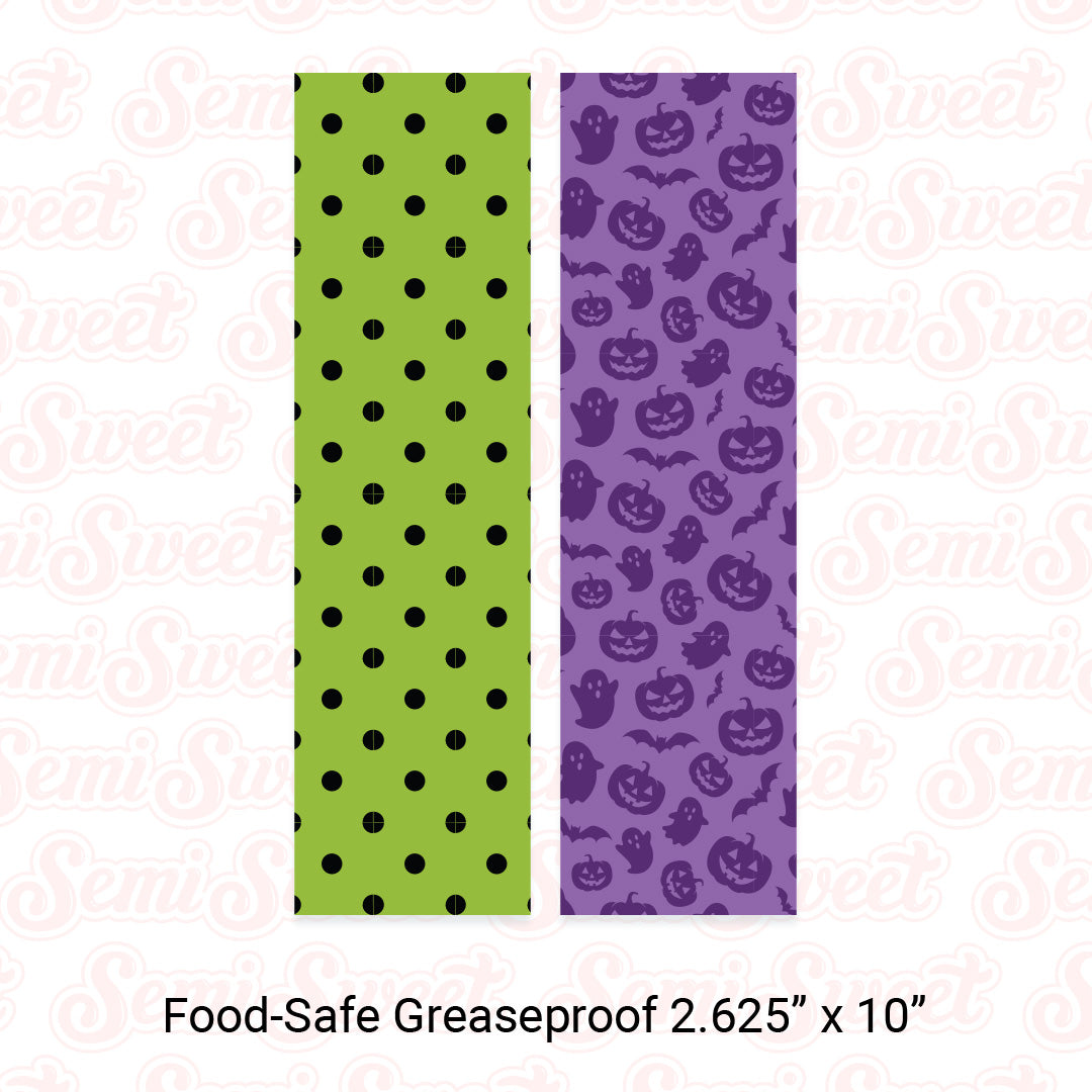 Purple Halloween & Green Dots - Food-Safe Greaseproof Cookie Card Backers - 2.625" x 10"