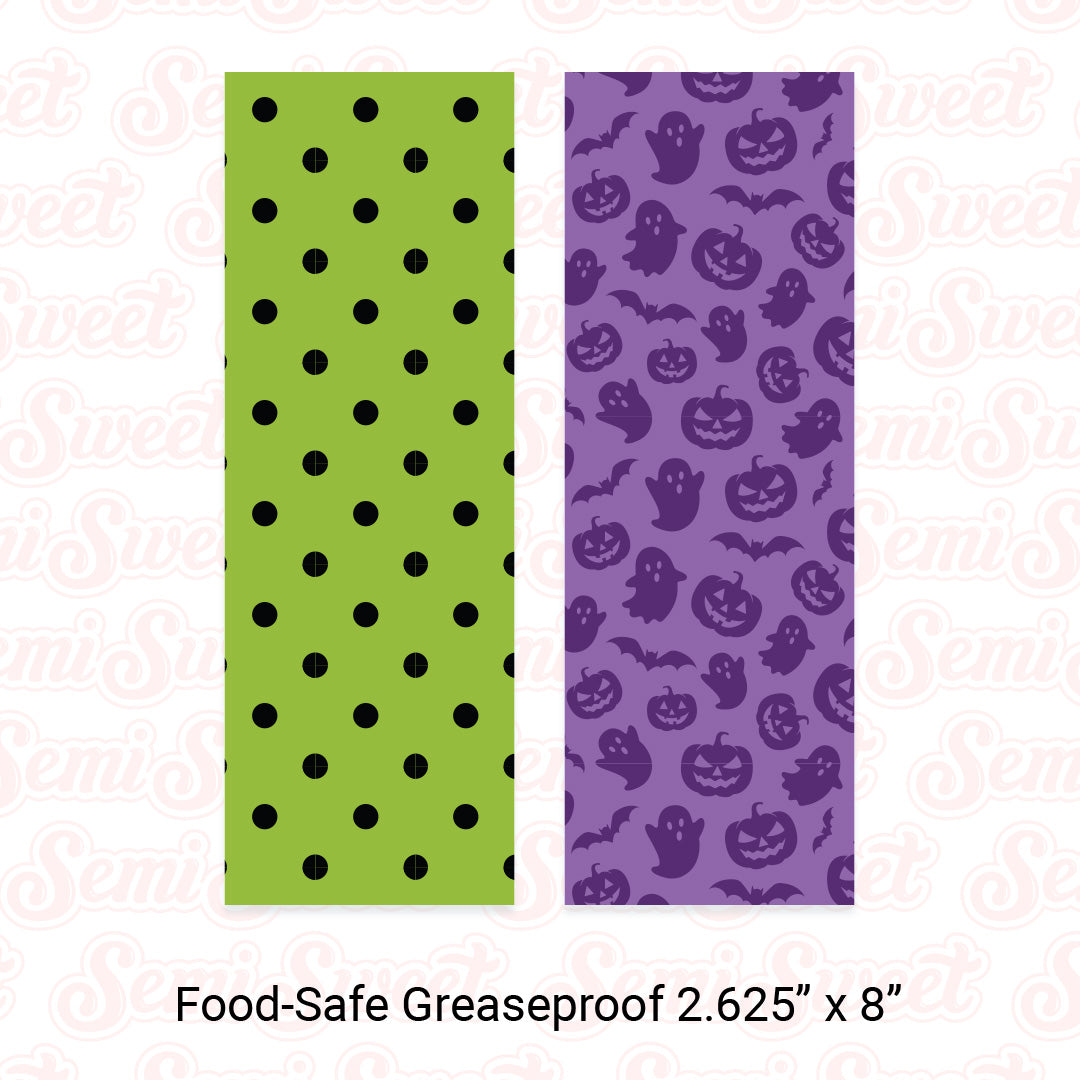 Purple Halloween & Green Dots - Food-Safe Greaseproof Cookie Card Backers - 2.625" x 8"