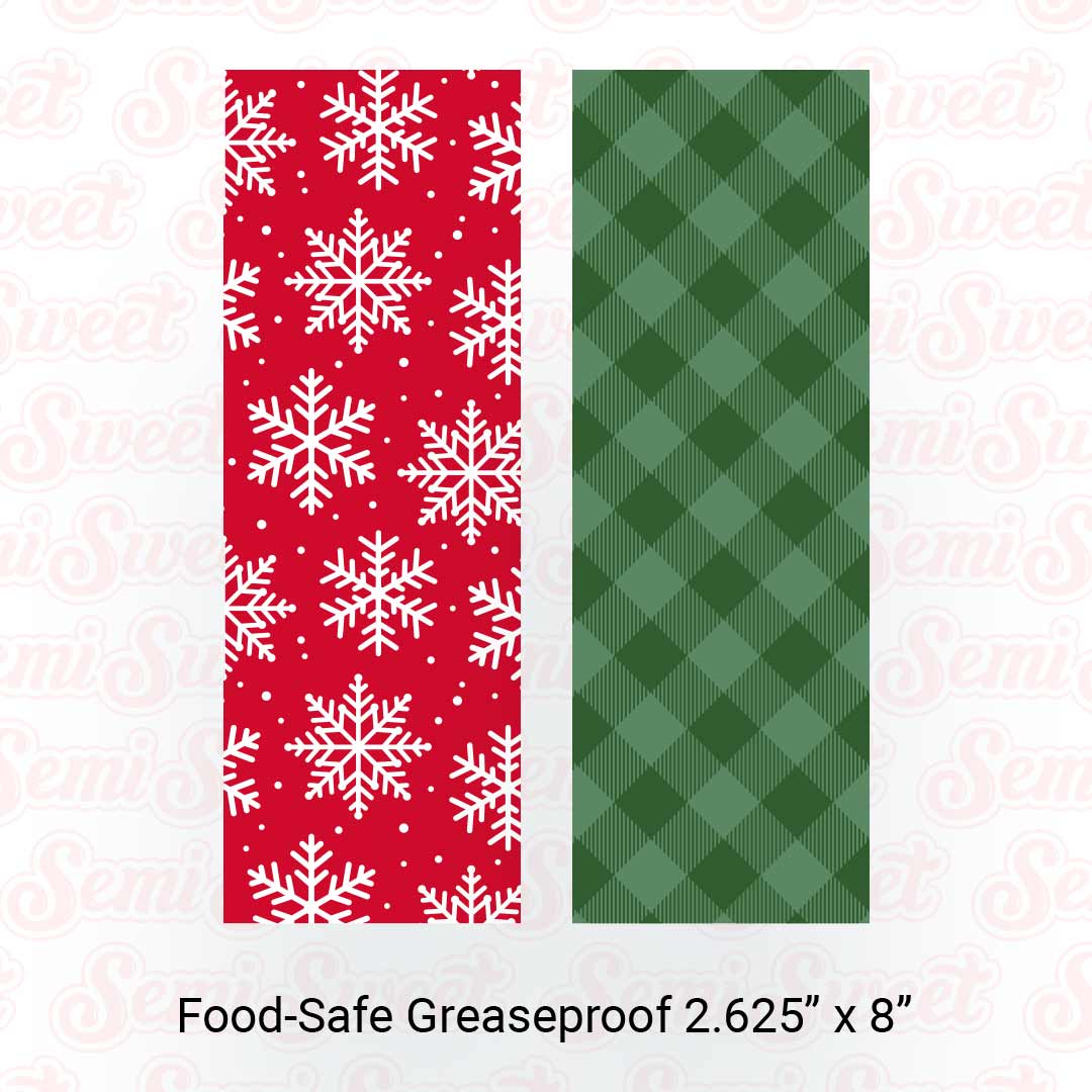 Red Snowflakes & Green Gingham - Food-Safe Greaseproof Cookie Card Backers - 2.625" x 8"