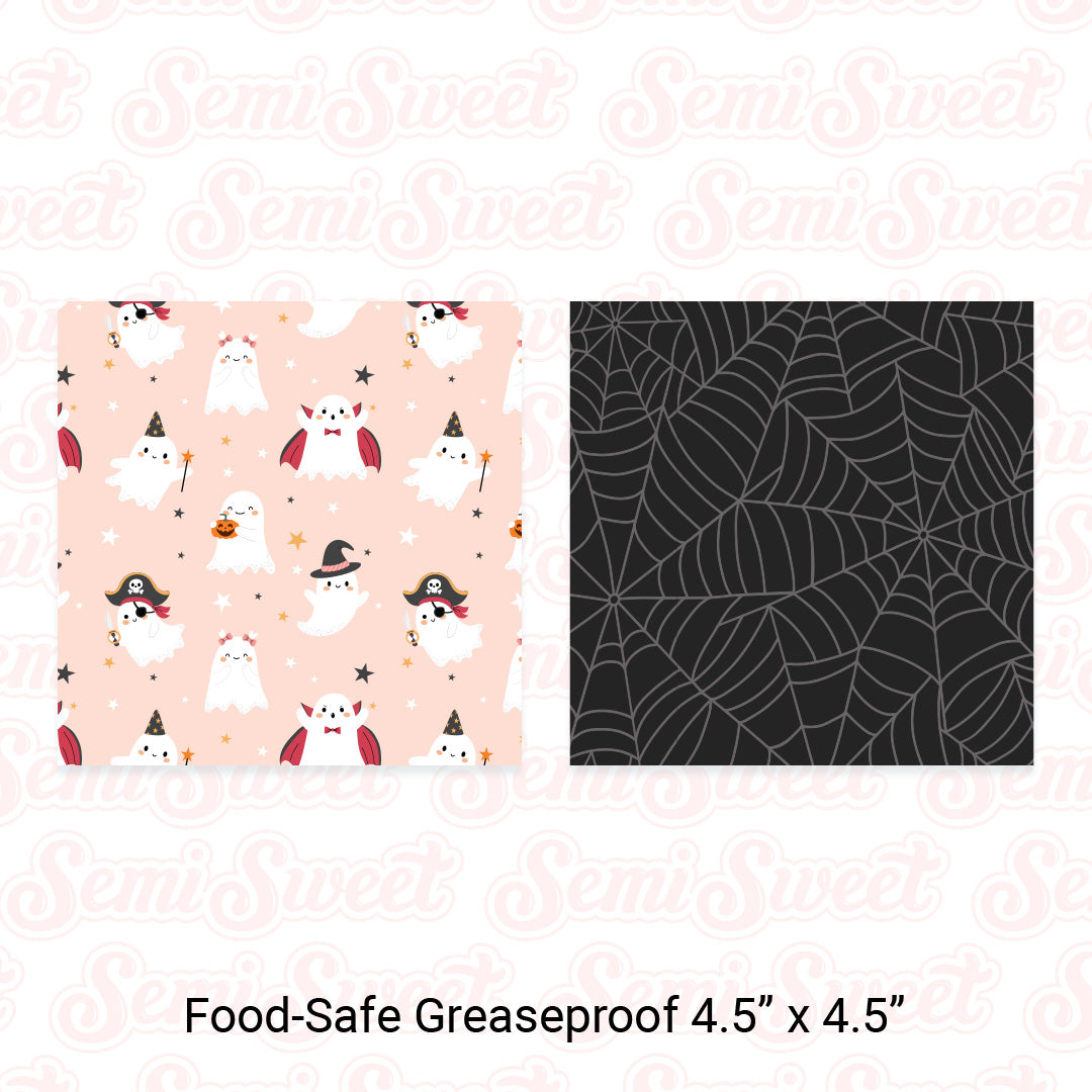 Costume Ghosts & Spiderwebs - Food-Safe Greaseproof Cookie Card Backers - 4.5" x 4.5"