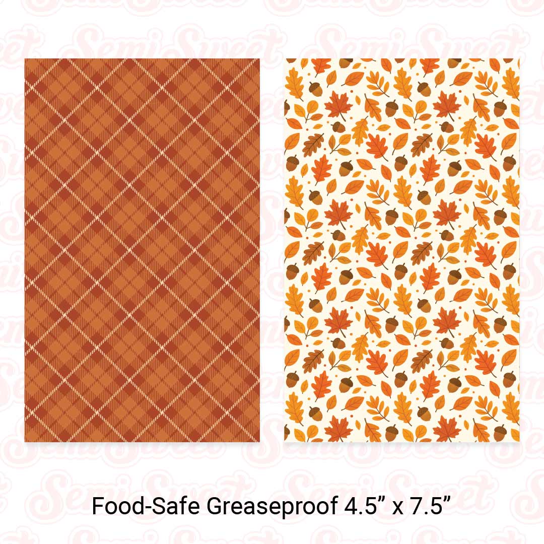 Orange Plaid & Fall Leaves Acorns - Food-Safe Greaseproof Cookie Card Backers - 4.5" x 7.5"