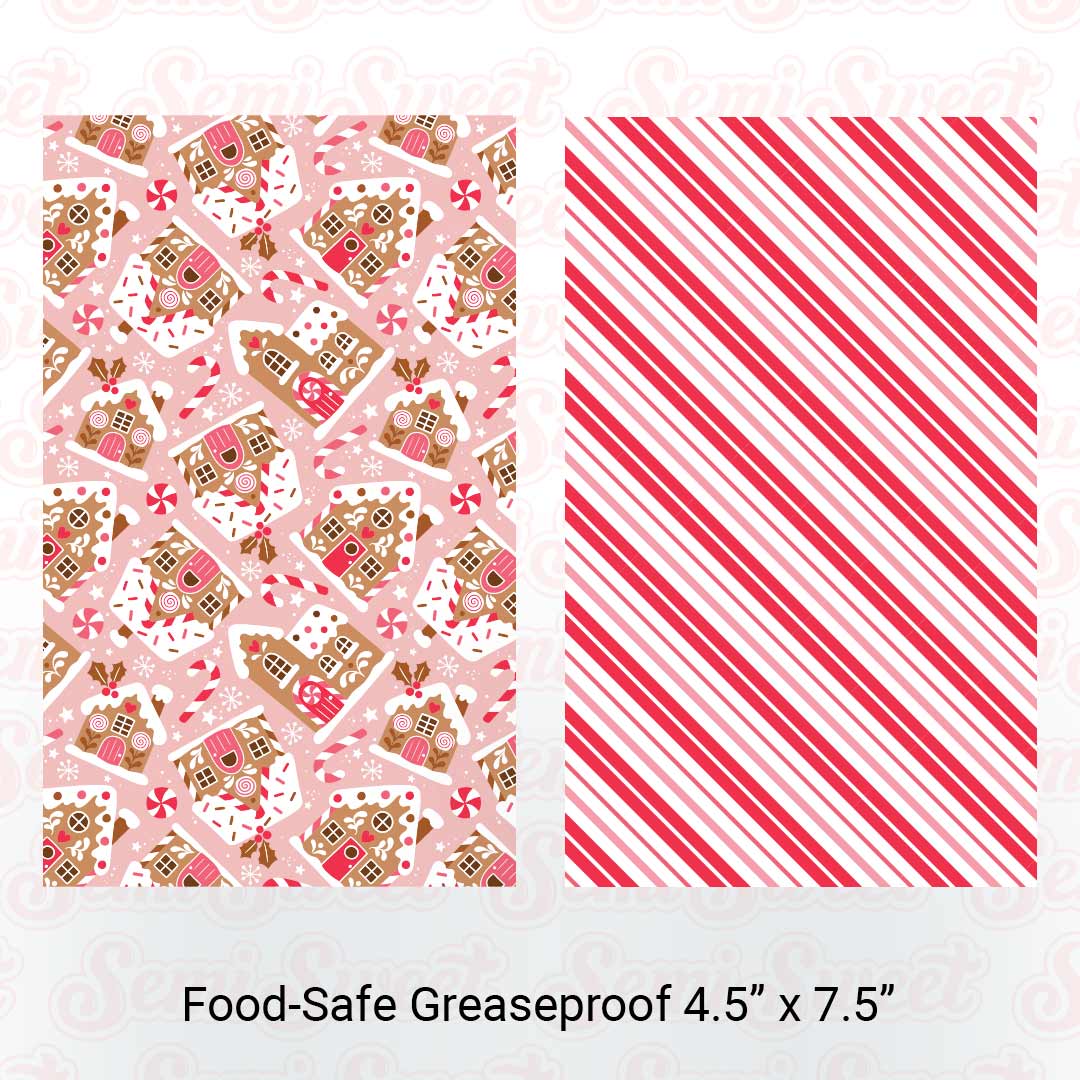 Gingerbread Houses & Stripes - Food-Safe Greaseproof Cookie Card Backers - 4.5" x 7.5"