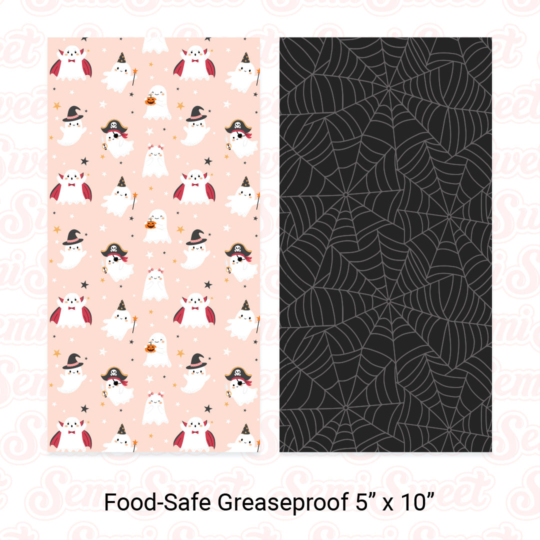 Costume Ghosts & Spiderwebs - Food-Safe Greaseproof Cookie Card Backers - 5" x 10"