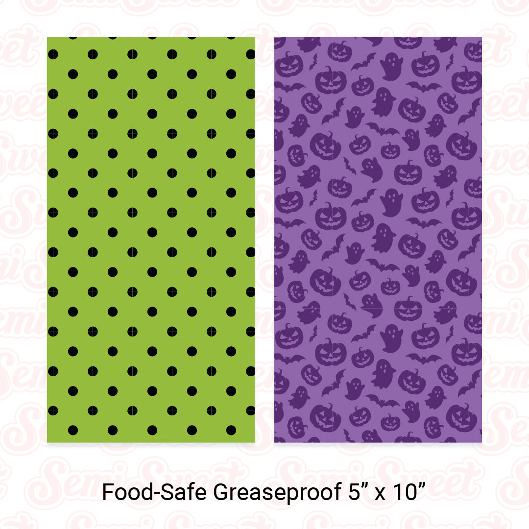 Purple Halloween & Green Dots - Food-Safe Greaseproof Cookie Card Backers - 5" x 10"