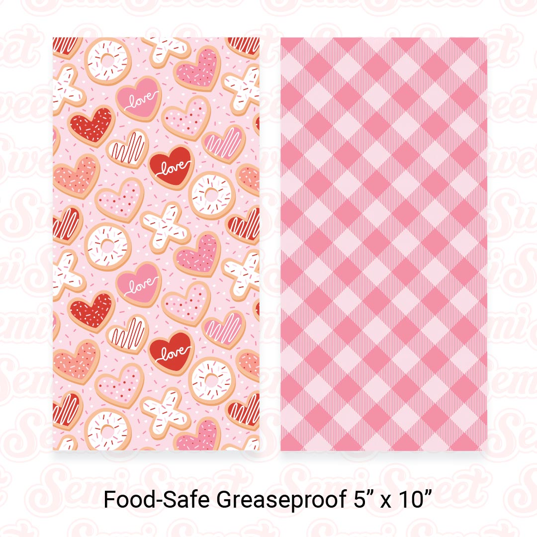 Valentine Cookies & Pink Gingham - Food-Safe Greaseproof Cookie Card Backers - 5" x 10"