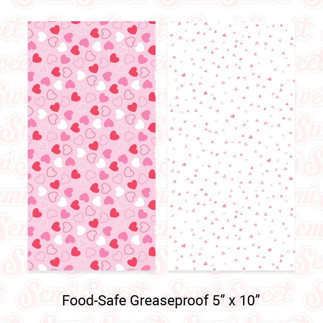 Hearts Pattern- Food-Safe Greaseproof Cookie Card Backers - 5" x 10"