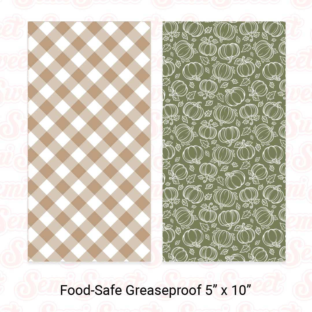 Beige Gingham & Pumpkins - Food-Safe Greaseproof Cookie Card Backers - 5" x 10"