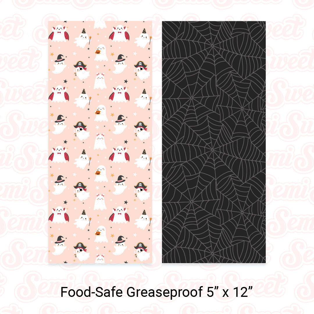 Costume Ghosts & Spiderwebs - Food-Safe Greaseproof Cookie Card Backers - 5" x 12"