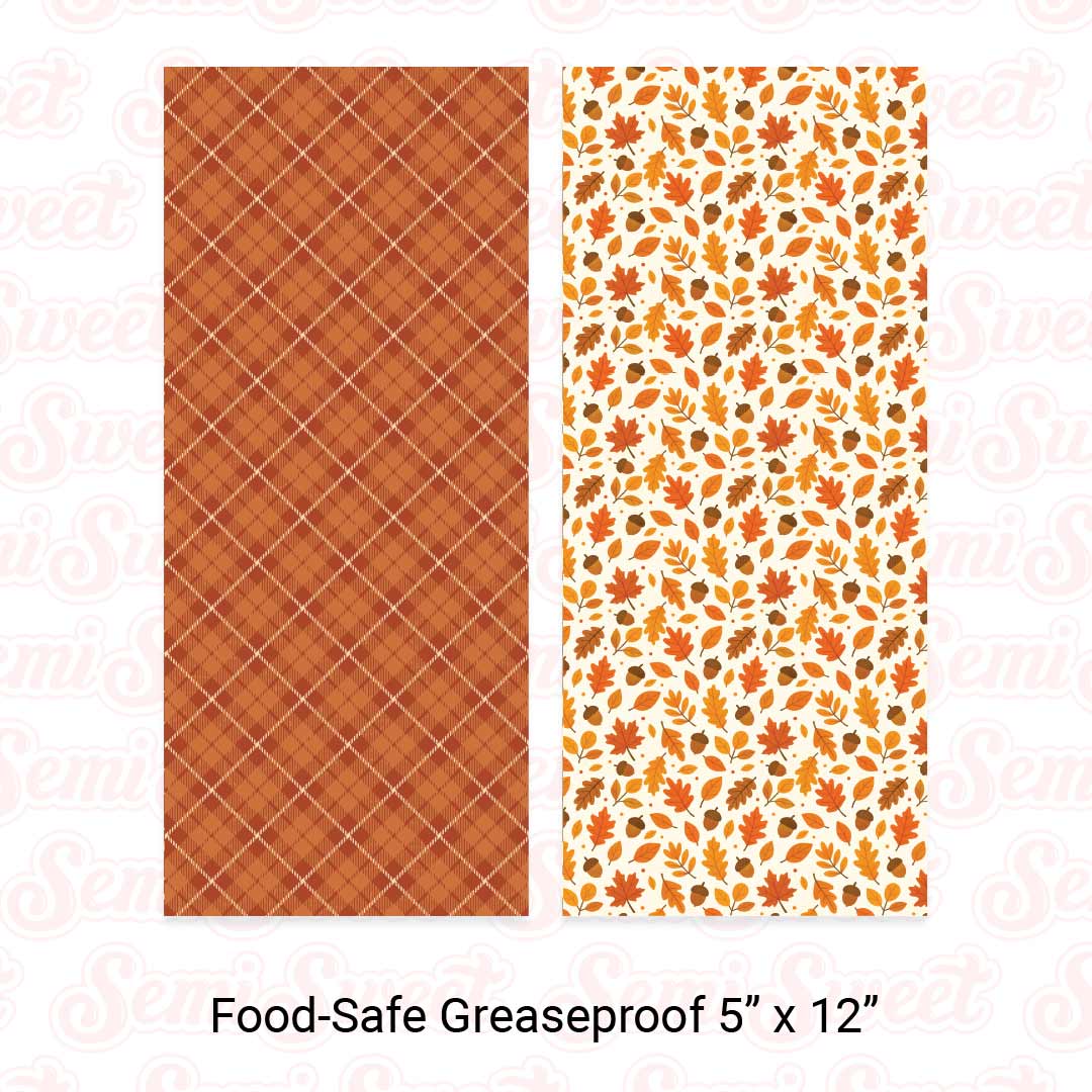 Orange Plaid & Fall Leaves Acorns - Food-Safe Greaseproof Cookie Card Backers - 5" x 12"
