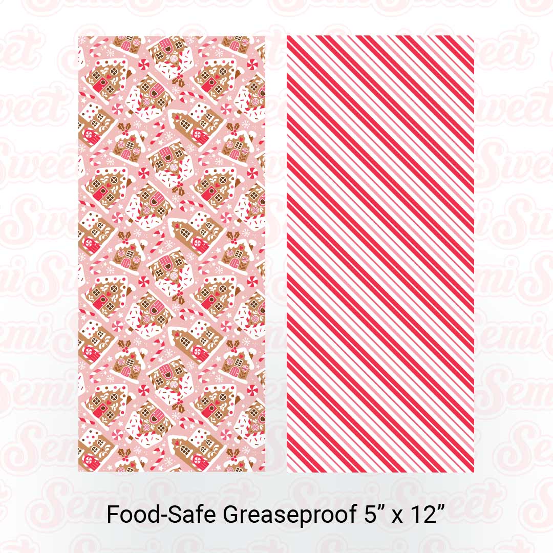 Gingerbread Houses & Stripes - Food-Safe Greaseproof Cookie Card Backers - 5" x 12"